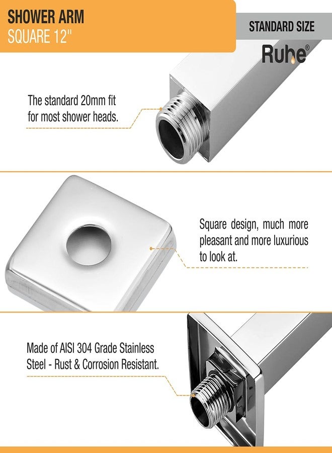 Ruhe 12 Inches Square Shower Arm with Wall Flange, 304-Grade Stainless Steel, Shower Arm for Overhead Showers - Image 3